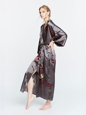 Kim + Ono "Hana" Long Silky Kimono in "Gunmetal" Mauve-Gray And Floral Print